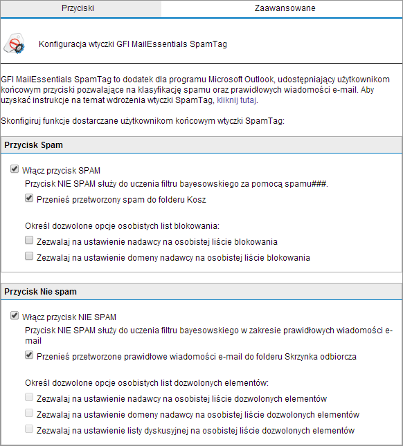 6.7.1 Wybór funkcji wtyczki SpamTag Administrator programugfi MailEssentials może skonfugurować zbiór funkcji wtyczki SpamTag, których mogą używać użytkownicy.