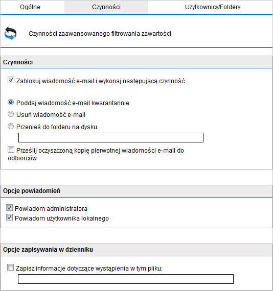 Opcja Sprawdź wychodzące wiadomości e-mail Sprawdź wewnętrzne wiadomości e-mail Opis Wybierz tę opcję, aby skanować wychodzące wiadomości e-mail.