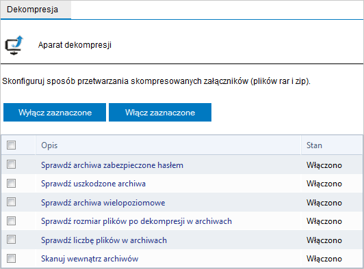 Liczba plików w archiwach Skanuj wewnątrz archiwów 7.4.1 Konfigurowanie filtrów aparatu dekompresji Aby skonfigurować filtry aparatu dekompresji: 1.