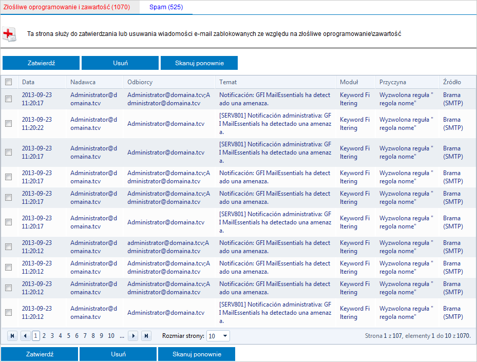 8.4 Praca z wiadomościami e-mail poddanymi kwarantannie Program GFI MailEssentials umożliwia wykonywanie wielu czynności w odniesieniu do wiadomości e- mail poddanych kwarantannie.