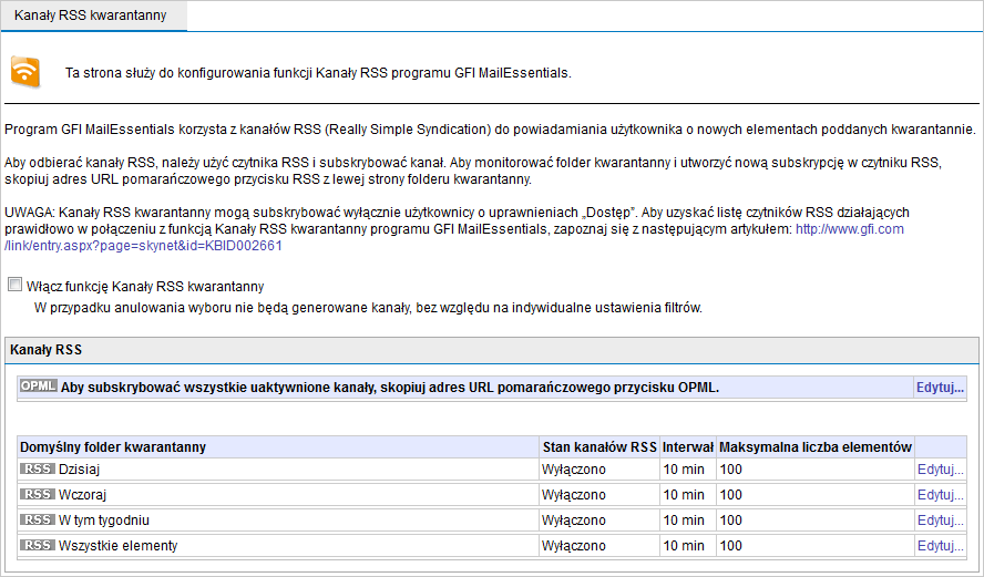 Kanałów RSS kwarantanny programu GFI MailEssentials można używać, korzystając z większości czytników RSS.