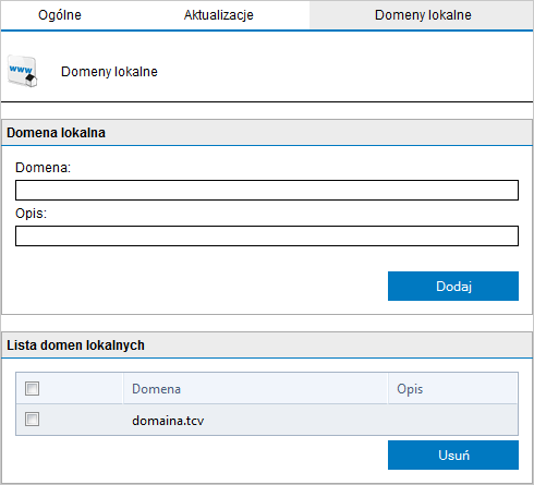 10.4 Domeny lokalne Screenshot 129: Lista domen lokalnych Program GFI MailEssentials wymaga zdefiniowania listy domen lokalnych, aby możliwe było rozróżnianie przychodzących, wychodzących i