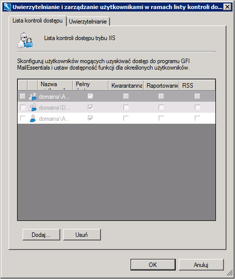 Screenshot 134: Zabezpieczenia programu IIS karta Lista kontroli dostępu 3. Kliknij przycisk Dodaj i wprowadź nazwę użytkownika lub grupy, którą chcesz dodać do listy. 4.