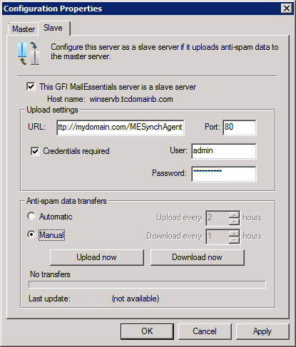 Screenshot 141: Konfigurowanie serwera podrzędnego 3. Na karcie Podrzędny wybierz opcję Ten serwer programu GFI MailEssentials jest serwerem podrzędnym. 4.
