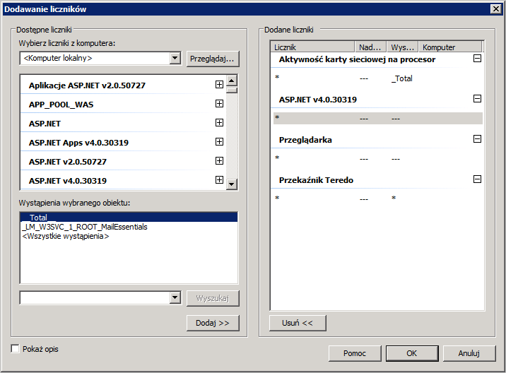 Screenshot 148: Dodawanie liczników monitora wydajności interfejsu VSAPI w systemie Windows 2008 Server 4. Z listy rozwijanej Wybierz liczniki z komputera wybierz komputer do monitorowania. 5.