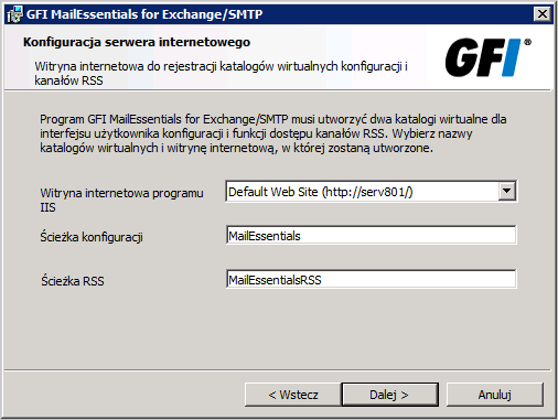 Kliknij przycisk Dalej. Screenshot 13: Szczegóły serwera SMTP i katalogu wirtualnego 8.
