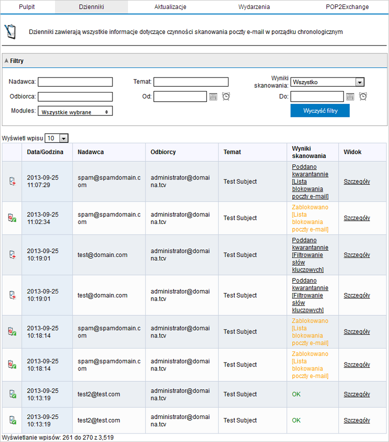 4.1.2 Dzienniki przetwarzania poczty e-mail Screenshot 25: Dzienniki przetwarzania poczty e-mail Z poziomu konfiguracji programu GFI MailEssentials można monitorować wszystkie przetwarzane wiadomości