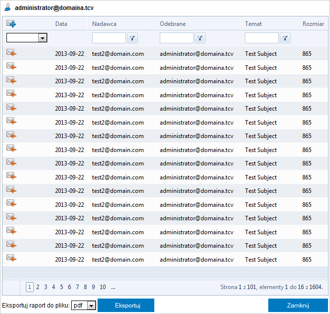 Screenshot 33: Wyniki wyszukiwania w bazie danych raportowania 4. (Opcjonalnie) Z poziomu raportu można filtrować dane według kierunku poczty e-mail, nadawcy, odbiorcy lub tematu. 5.