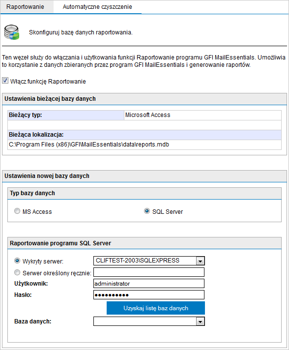 Screenshot 35: Konfigurowanie obszaru zaplecza bazy danych programu SQL Server 3. Zaznacz pole opcji SQL Server. 4.