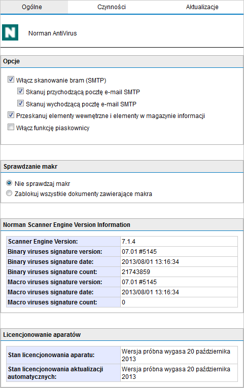 Screenshot 45: Konfiguracja programu Norman 2. Zaznacz pole wyboru Włącz skanowanie bram (SMTP), aby skanować wiadomości e-mail za pomocą tego aparatu skanowania wirusów. 3.