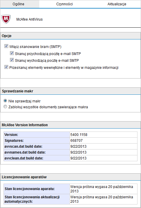 Screenshot 48: Konfiguracja programu McAfee 2. Zaznacz pole wyboru Włącz skanowanie bram (SMTP), aby skanować wiadomości e-mail za pomocą tego aparatu skanowania wirusów. 3.