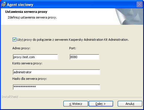 P O D R Ę C Z N I K Z D A L N E J I N S T A L A C J I Jeżeli w celu uzyskania dostępu do serwera proxy wymagane jest hasło, wypełnij pola Konto serwera proxy i Hasło dla serwera proxy. Rysunek 60.