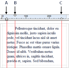 252 Praca z tekstem Ustawianie wcięć akapitu Po zaznaczeniu obiektu tekstowego znaczniki na miarce poziomej pokazują dla bieżącego akapitu wcięcie z lewej, wcięcie pierwszego wiersza i wcięcie z