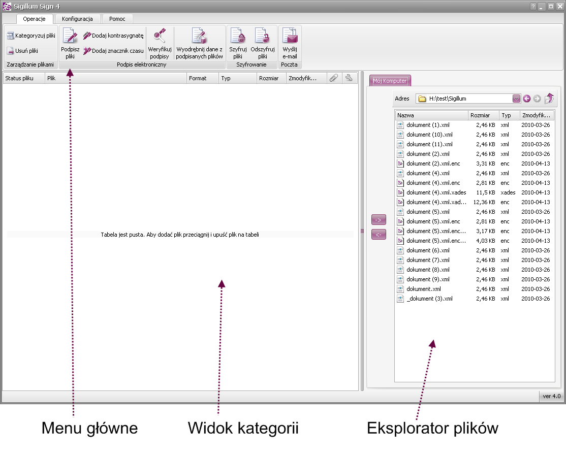 6 FUNKCJE APLIKACJI OKIENKOWEJ Aplikację w wersji okienkowej uruchamiamy z menu Start ->Programy-> Sigillum Sign 4 lub dwukrotnie klikając na skrócie aplikacji znajdującym się na pulpicie.