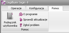 Podpis, Weryfikacja, Wyodrębnienie danych, wysłanie pliku pocztą elektroniczną oraz Szyfrowanie) Konfiguracja zawiera opcje ustawień aplikacji Pomoc zawiera opcje związane z