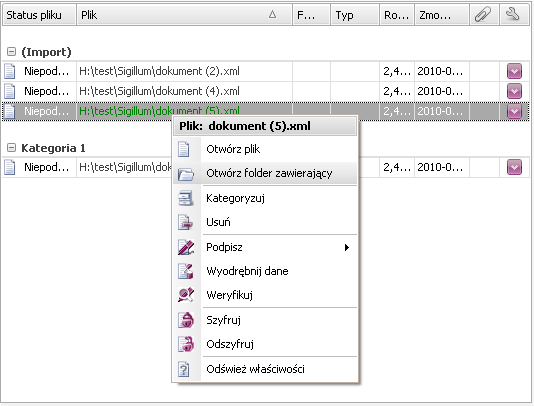 6.2.7 Funkcja otwórz folder zawierający Aby otworzyć folder systemu Windows, w którym znajduje się plik umieszczony w Widoku kategorii, należy zaznaczyć pojedynczy plik,