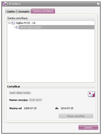 W zakładce Ścieżka certyfikacji zawarte jest drzewo certyfikacji pozwalające zweryfikować wiarygodność certyfikatu. 6.9.2.