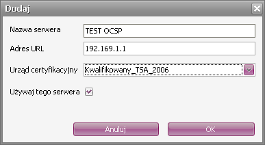W celu edycji istniejącego już serwera należy kliknąć w ikonę klucza. Spowoduje to pojawienie się okna edycji, w którym można zmienić ustawienia serwera OCSP.