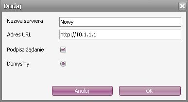 Aby dodać do listy nowy serwer należy wcisnąć przycisk Dodaj i wprowadzić Nazwę serwera oraz jego Adres URL.