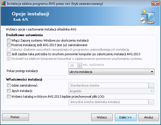 W sekcji Parametry instalacji dostępne są następują ce opcje: Włą cz Zaporę systemu Windows po ukończeniu instalacji jeśli nie planujesz instalowaćzapory AVG, możesz wybraćwłą czenie Zapory systemu