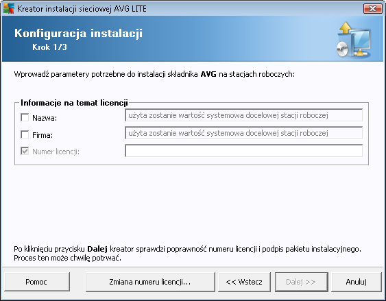 Kreator instalacji sieciowej AVG Lite pozwala użytkownikowi szybko przejśćprzez proces tworzenia skryptu. Skrypt może później posłużyćdo instalacji systemu AVG na stacjach roboczych. 8.2.1.