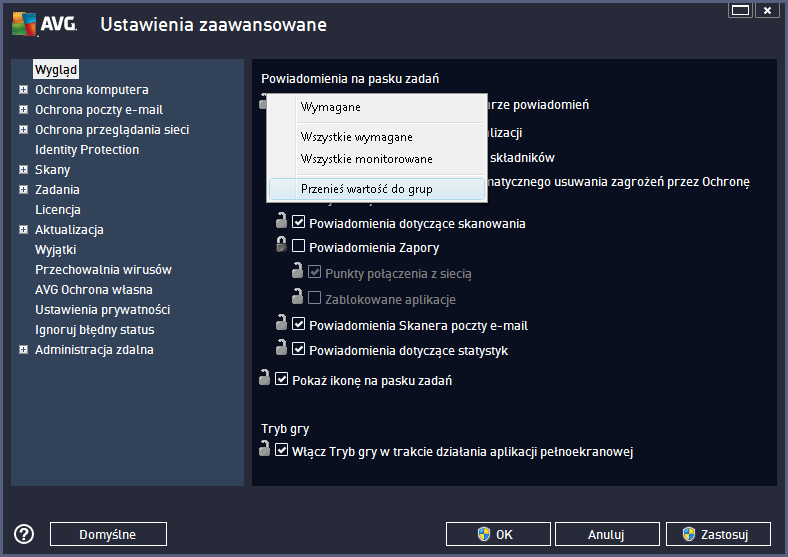 Aby przenieśćkonfigurację z grupy do wspólnych ustawień stacji roboczych, należy klikną ć prawym przyciskiem myszy wybrane pole, a następnie z menu kontekstowego wybraćopcję Przenieśwartośćdo