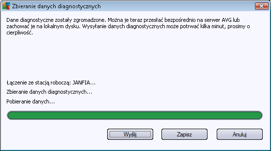 danych diagnostycznych bezpośrednio do działu pomocy technicznej AVG lub zapisania ich na dysku lokalnym w celu dalszego przetwarzania: Kliknij przycisk Dalej, aby rozpoczą ćpobieranie danych