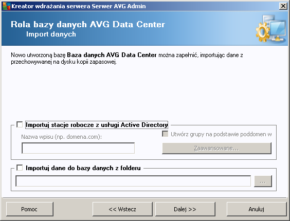 3.8. Rola DataCenter Import danych Po potwierdzeniu wyboru bazy danych można zaimportowaćistnieją ce dane do nowo utworzonej bazy.