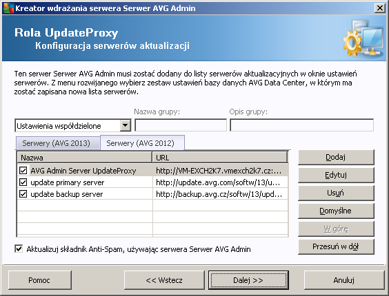 W tym oknie dialogowym istnieje możliwośćdodania adresu URL obecnie wdrożonego serwera AVG Admin Server do listy serwerów aktualizacji używanej przez ustawienia stacji roboczej.