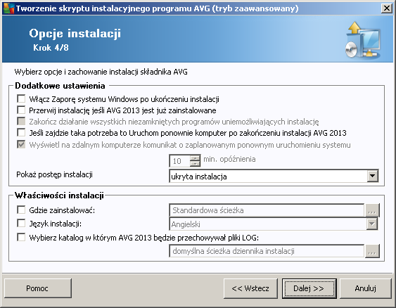 o Domyślne ustawienia zostaną użyte dla składników, których pola pozostaną puste ( ). Zdalna deinstalacja systemu AVG umożliwia usunięcie systemu AVG.