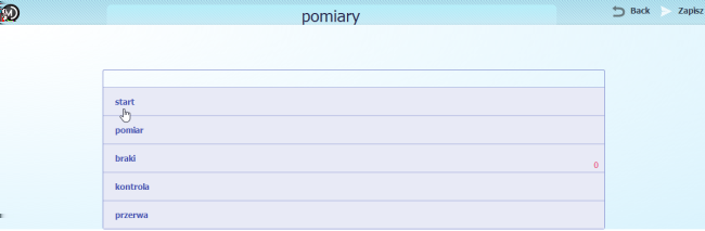 5.3 Pomiary 45 Rysunek 5.7: Wejście do opcji pomiary 5.3.2 Obsługa Czas pracy i wyprodukowana ilość START 1. Wybór pracownika i gniazda. 2. Wybór planu produkcji. 3.