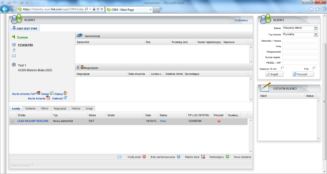 Po znalezieniu danego klienta należy na niego kliknąd dwa razy. Z poziomu tego okna realizuje się większośd działao związanych z pracą z leadem.