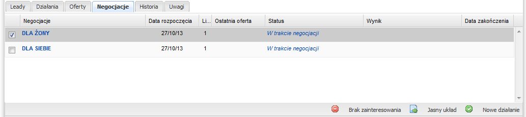 Kolejna zakładka to Negocjacje lista negocjacji danego klienta. To z tego poziomu po ostatecznym podjęciu decyzji przez klienta, następuje zamknięcie leada.