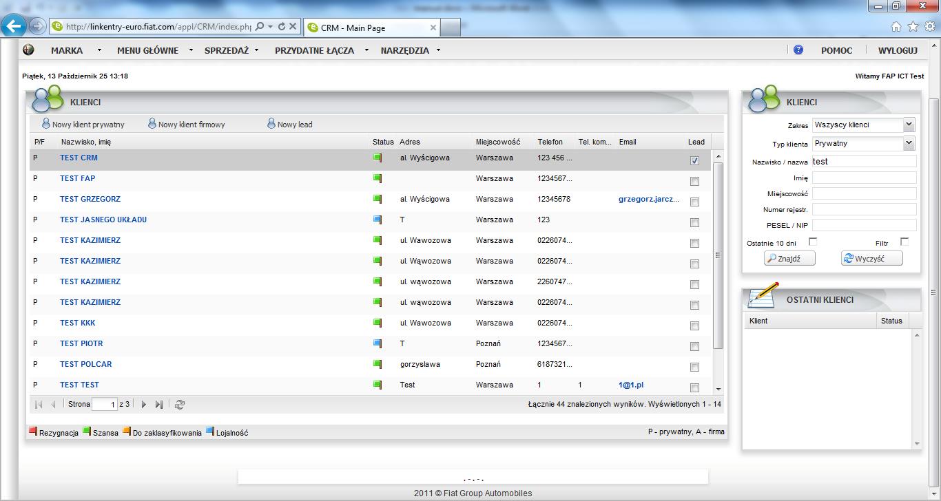 Leady własne dealera (tworzenie) Aby utworzyd własny lead, należy najpierw sprawdzid czy mamy już danego klienta w bazie klientów. W tym celu należy skorzystad z okienka Klienci.