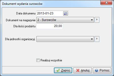 Twórz dokumenty wydania surowców <Ctrl+R> tworzy dokument wydania magazynowego dla surowców potrzebnych do wykonania odpowiedniej ilości danego produktu.