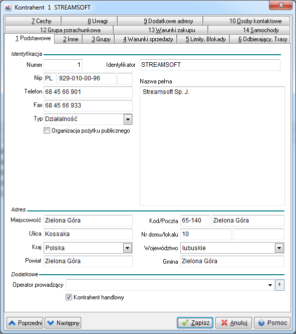 Wszystkie dane dotyczące kontrahenta podzielone są na tematyczne zakładki: 1.