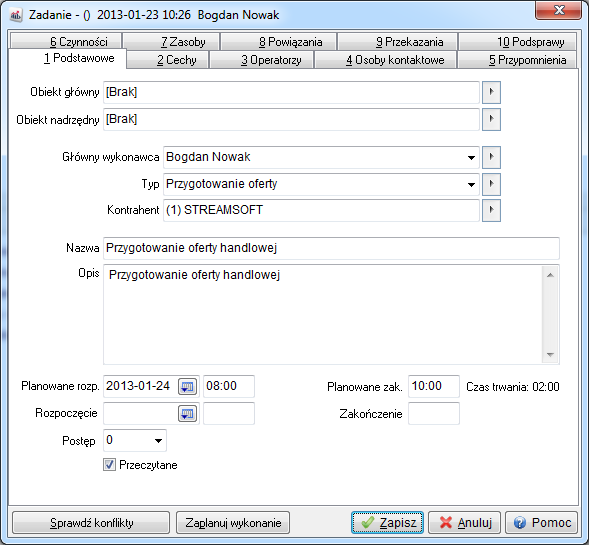 Zadanie wprowadzone w module Handlowo-Magazynowym zostanie automatycznie dodane do spisu zadań danego operatora w module CRM Zarządzanie Kontaktami. 1.