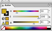 Wymiary stożka opisuje składowa S nasycenie koloru (Saturation) jako promień podstawy oraz składowa V (Value) równoważna nazwie B (Brightness) moc światła białego jako wysokość stożka. Rys.