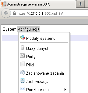 adresu który ma zostać otwarty, oraz po potwierdzeniu prawidłowości certyfikatu pojawi się interfejs w przeglądarce internetowej: Domyślny login i hasło to admin/dbfc.