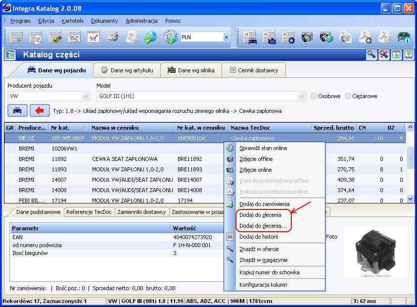 2.3.1.1 Współpraca z katalogiem offline przy doborze części do zlecenia (lub kosztorysu) W zleceniu (w zakładce Towary/Usługi) występuje przycisk (Rys.