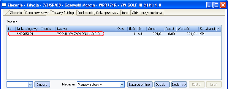 Opcja Dodaj do zlecenia spowoduje wyświetlenie dodatkowego okna (Rys. 2-24), w którym można będzie zmienić nazwę części, ilość dodawaną do zlecenia oraz cenę sprzedaży towaru.