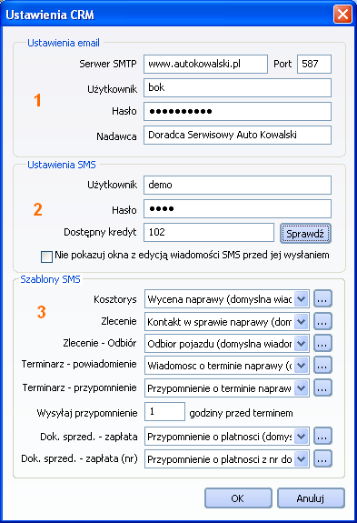 W oknie konfiguracyjnym wypełniamy dane dot. parametrów własnego konta e-mail (1) oraz SMS (2) (Rys. 4-2).