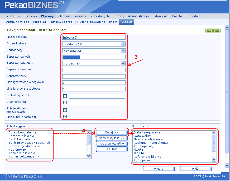 7.1.2 Bank Pekao SA PekaoBIZNES24 (Rys. 7-2) (1) Wybieramy z menu pozycję Wyciągi, a następnie Eksport (2) Tworzymy nowy szablon, wybierając z listy rozwijalnej opcję historia operacji Rys.