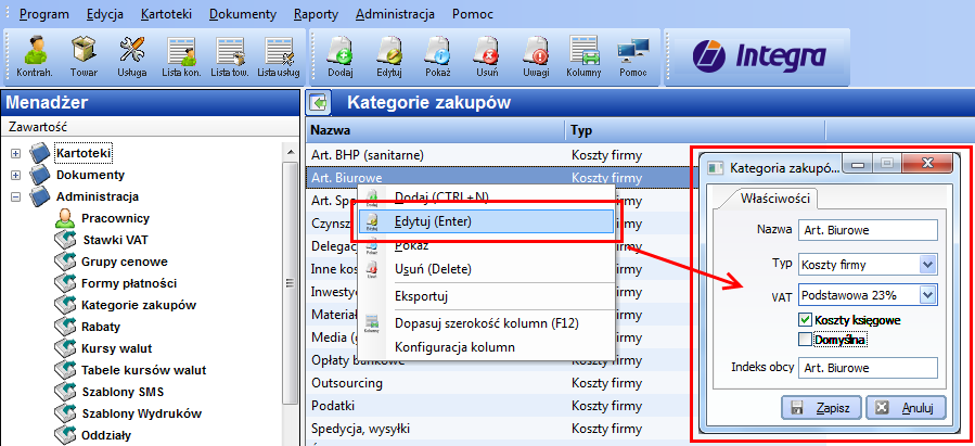 5. Zmiana stawki VAT w Kategoriach zakupów. Edycja stawek VAT w Kategoriach zakupów jest możliwa po wyborze modułu Menadżer i wyborze w górnym menu pozycji Administracja -> Kategorie zakupów. Rys.