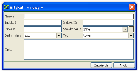 SAN Organizer 1.0 Aby dodać nowy artykuł należy z menu kontekstowego wybrać polecenie Dodaj, a następnie wpisać jego nazwę, indeks I (obowiązkowy), indeks II oraz stawkę VAT.