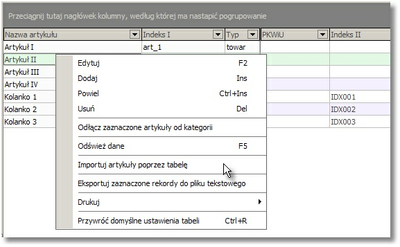 2 Struktura programu i podstawowe funkcje Jeden artykuł może należeć do wielu kategorii, aby przyporządkować artykuł do danej kategorii należy przeciągnąć go za pomocą myszki do wybranej gałęzi