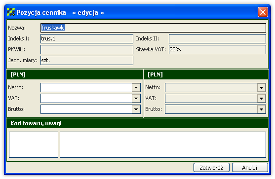 2 Struktura programu i podstawowe funkcje Po przypisaniu artykułu do cennika należy określić jego cenę. Dla różnych cenników ten sam artykuł może mieć różne ceny.