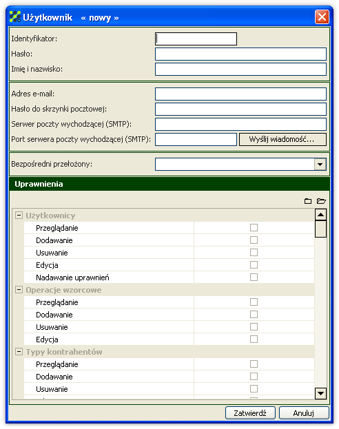 SAN Organizer 1.0 Podczas definiowania użytkownika określa się również adres e-mail pracownika, na który będą przesyłane powiadomienia związane z przydzielonymi zadaniami.