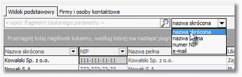 2 Struktura programu i podstawowe funkcje Wpisując fragment szukanego parametru (np. nazwy skróconej), można posługiwać się znakiem '%', który zastępuje inne, występujące w tym miejscu znaki, np.