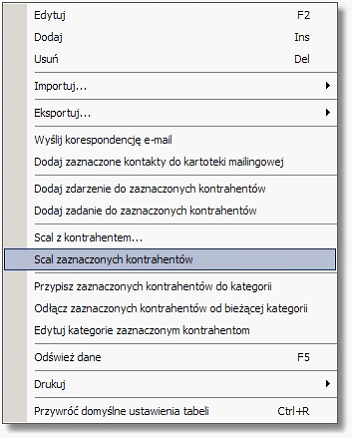 SAN Organizer 1.0 Scal z kontrahentem... - wybranie tej opcji powoduje wyświetlenie okna wyboru kontrahentów i konieczność wskazania kontrahenta, którego informacje z nim powiązane zostaną przeniesione.